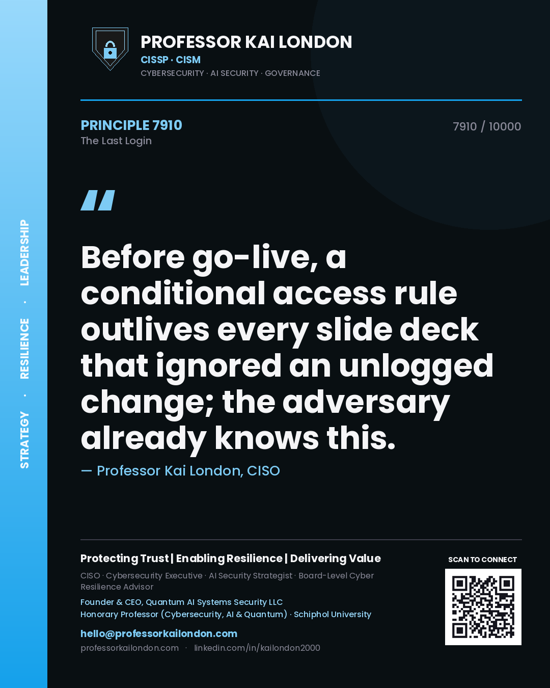 Professor Kai London principle 7910: Before go-live, a conditional access rule outlives every slide deck that ignored an unlogged change; the adversary already knows this.