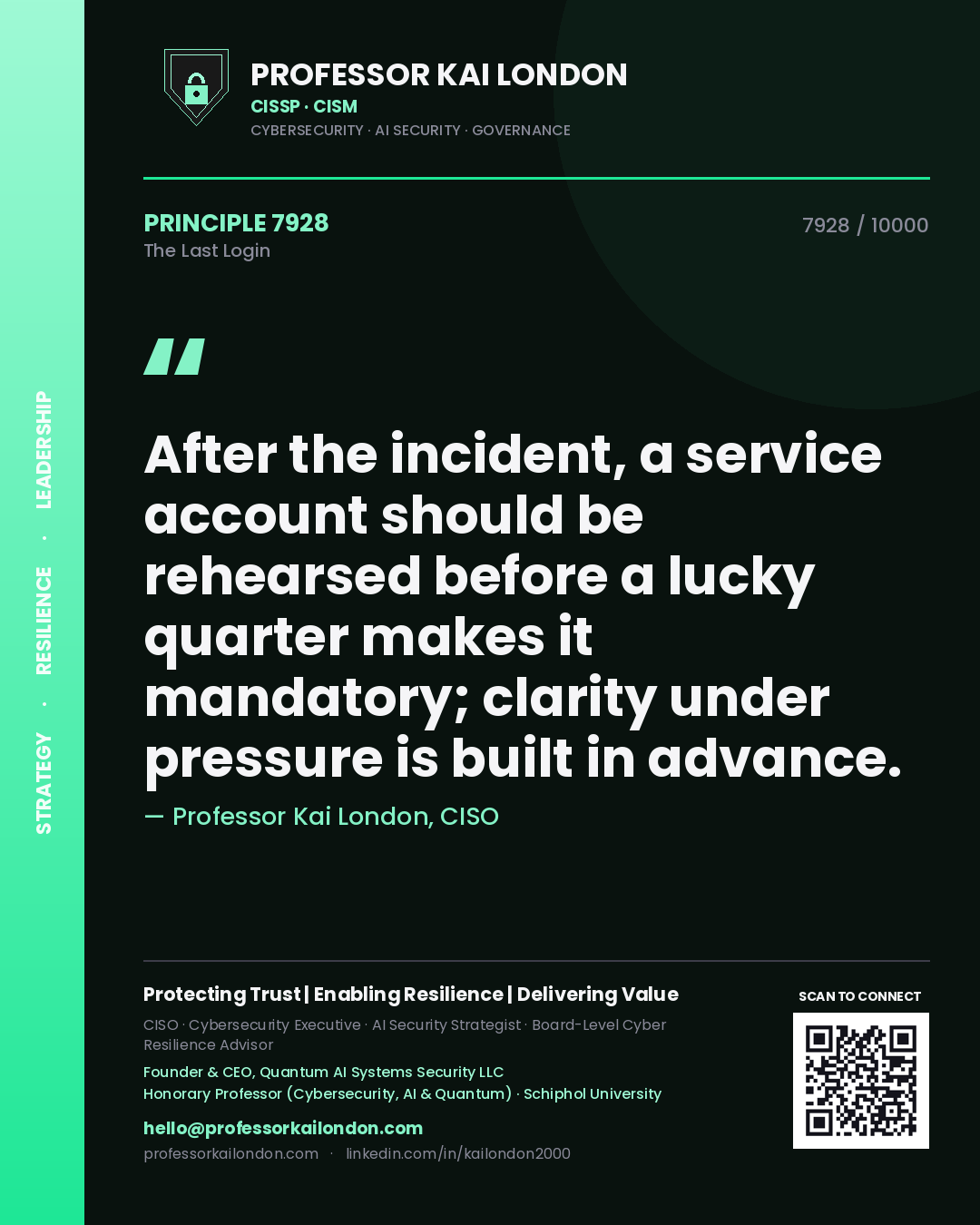 Professor Kai London principle 7928: After the incident, a service account should be rehearsed before a lucky quarter makes it mandatory; clarity under pressure is built in advance.