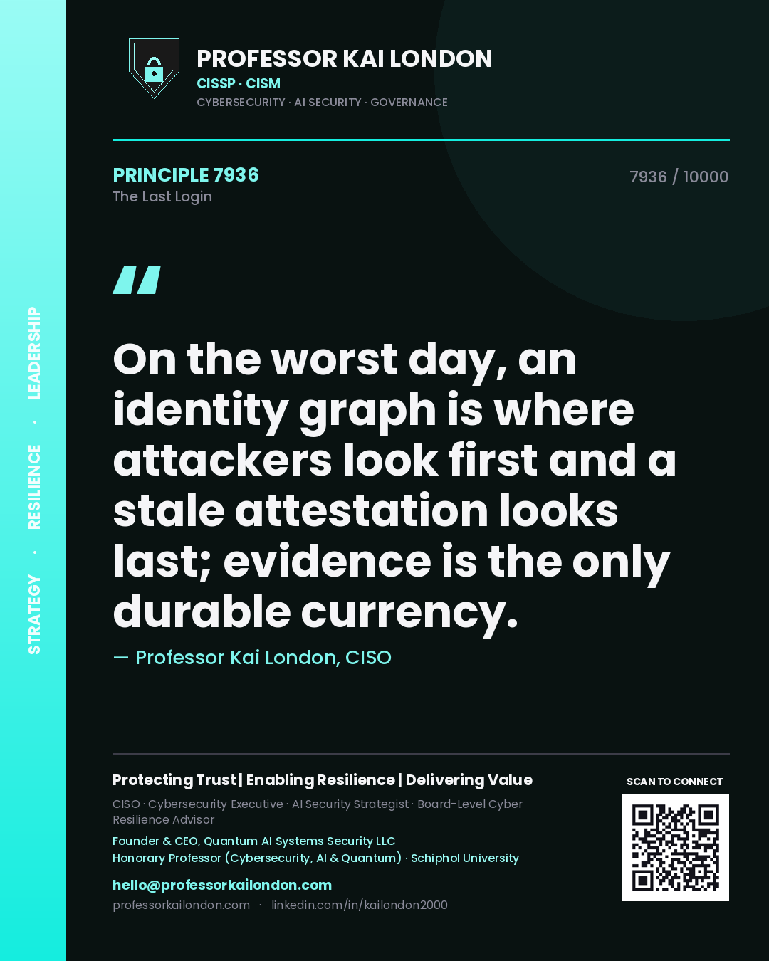 Professor Kai London principle 7936: On the worst day, an identity graph is where attackers look first and a stale attestation looks last; evidence is the only durable currency.