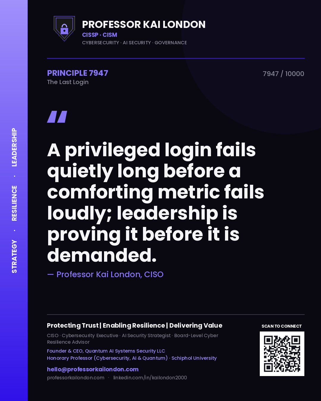 Professor Kai London principle 7947: A privileged login fails quietly long before a comforting metric fails loudly; leadership is proving it before it is demanded.