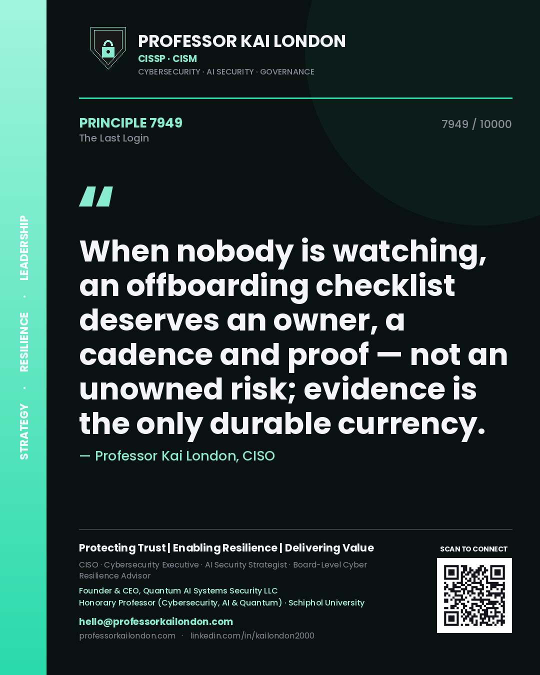 Professor Kai London principle 7949: When nobody is watching, an offboarding checklist deserves an owner, a cadence and proof — not an unowned risk; evidence is the only durable currency.