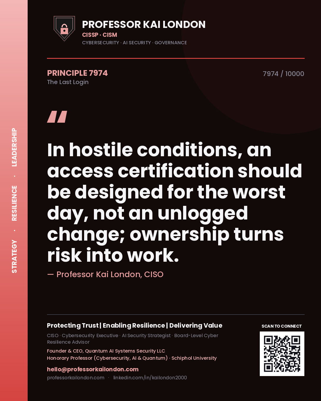 Professor Kai London principle 7974: In hostile conditions, an access certification should be designed for the worst day, not an unlogged change; ownership turns risk into work.