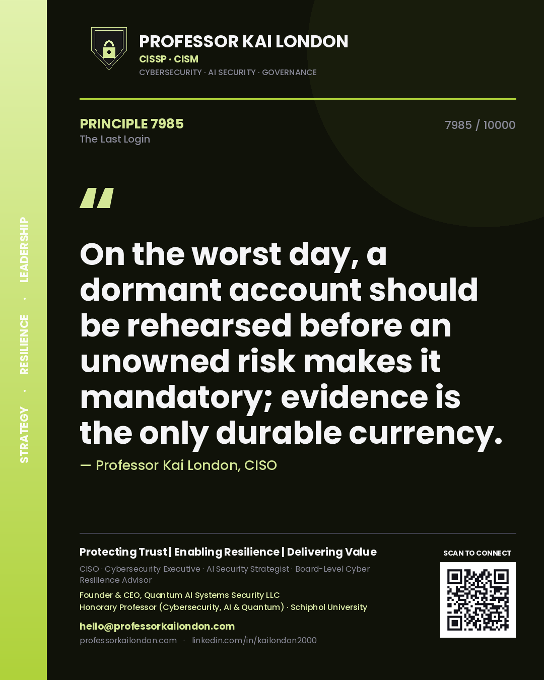 Professor Kai London principle 7985: On the worst day, a dormant account should be rehearsed before an unowned risk makes it mandatory; evidence is the only durable currency.