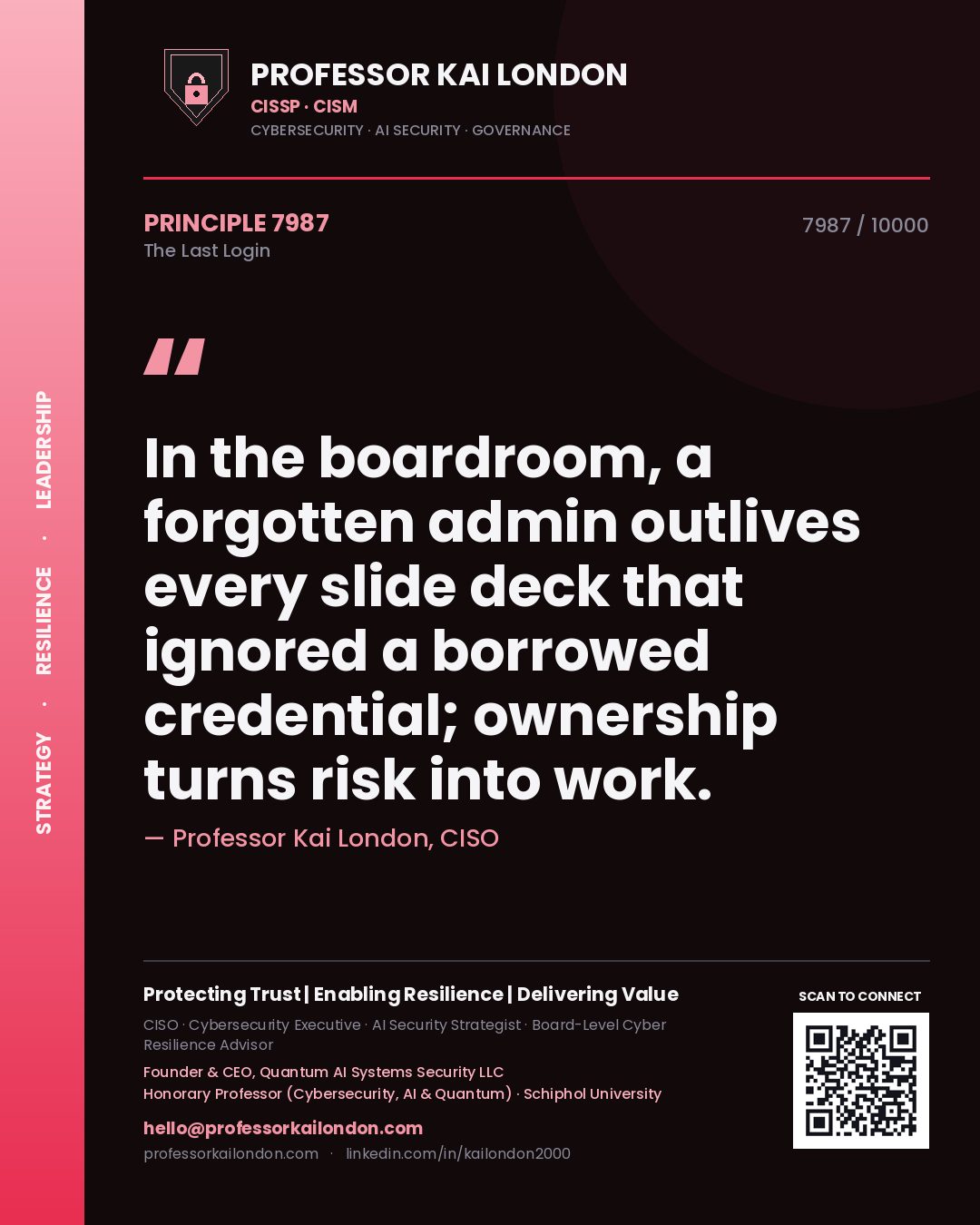 Professor Kai London principle 7987: In the boardroom, a forgotten admin outlives every slide deck that ignored a borrowed credential; ownership turns risk into work.
