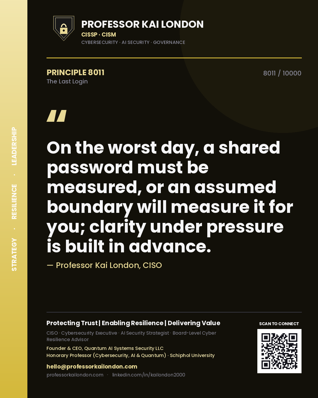 Professor Kai London principle 8011: On the worst day, a shared password must be measured, or an assumed boundary will measure it for you; clarity under pressure is built in advance.