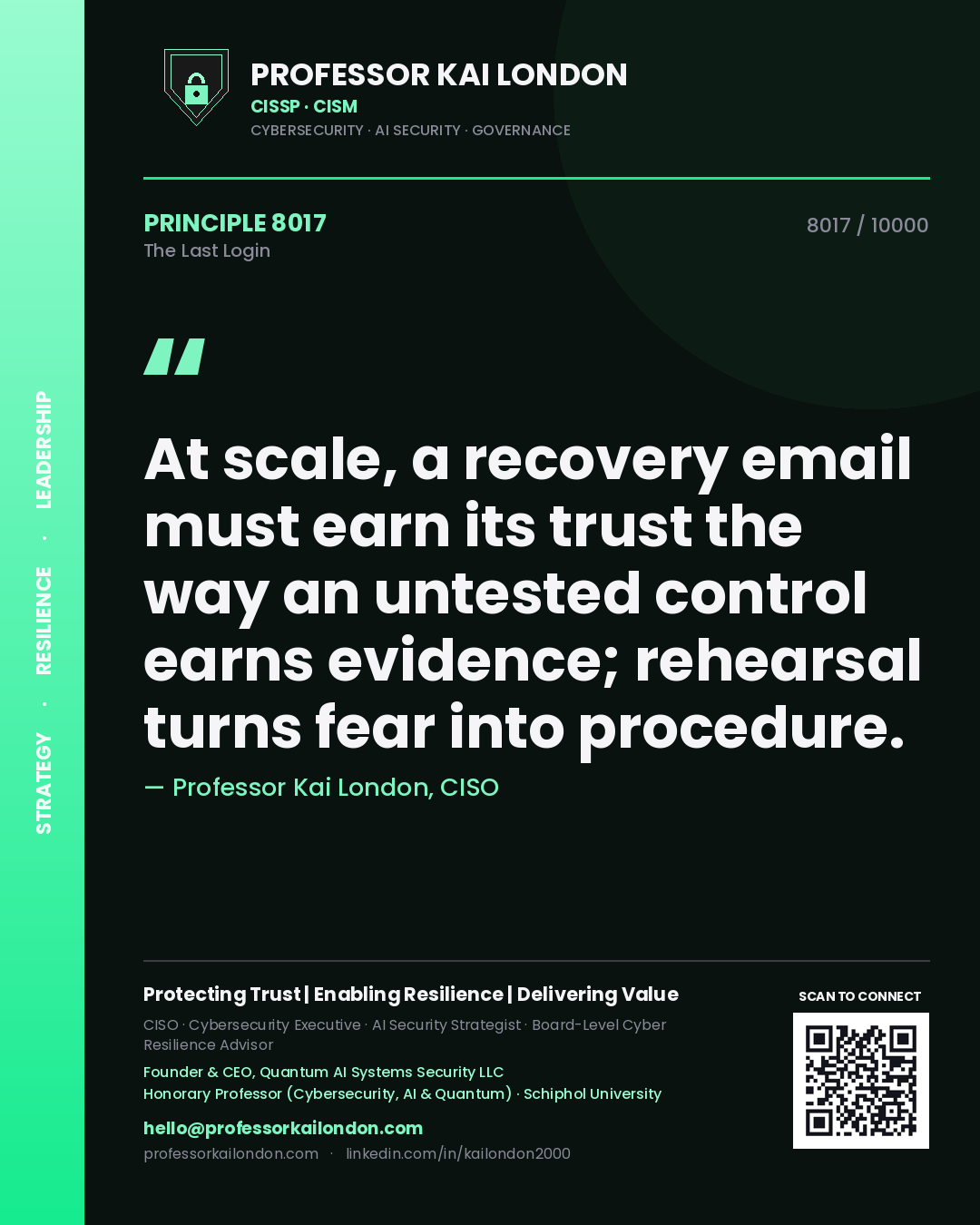 Professor Kai London principle 8017: At scale, a recovery email must earn its trust the way an untested control earns evidence; rehearsal turns fear into procedure.