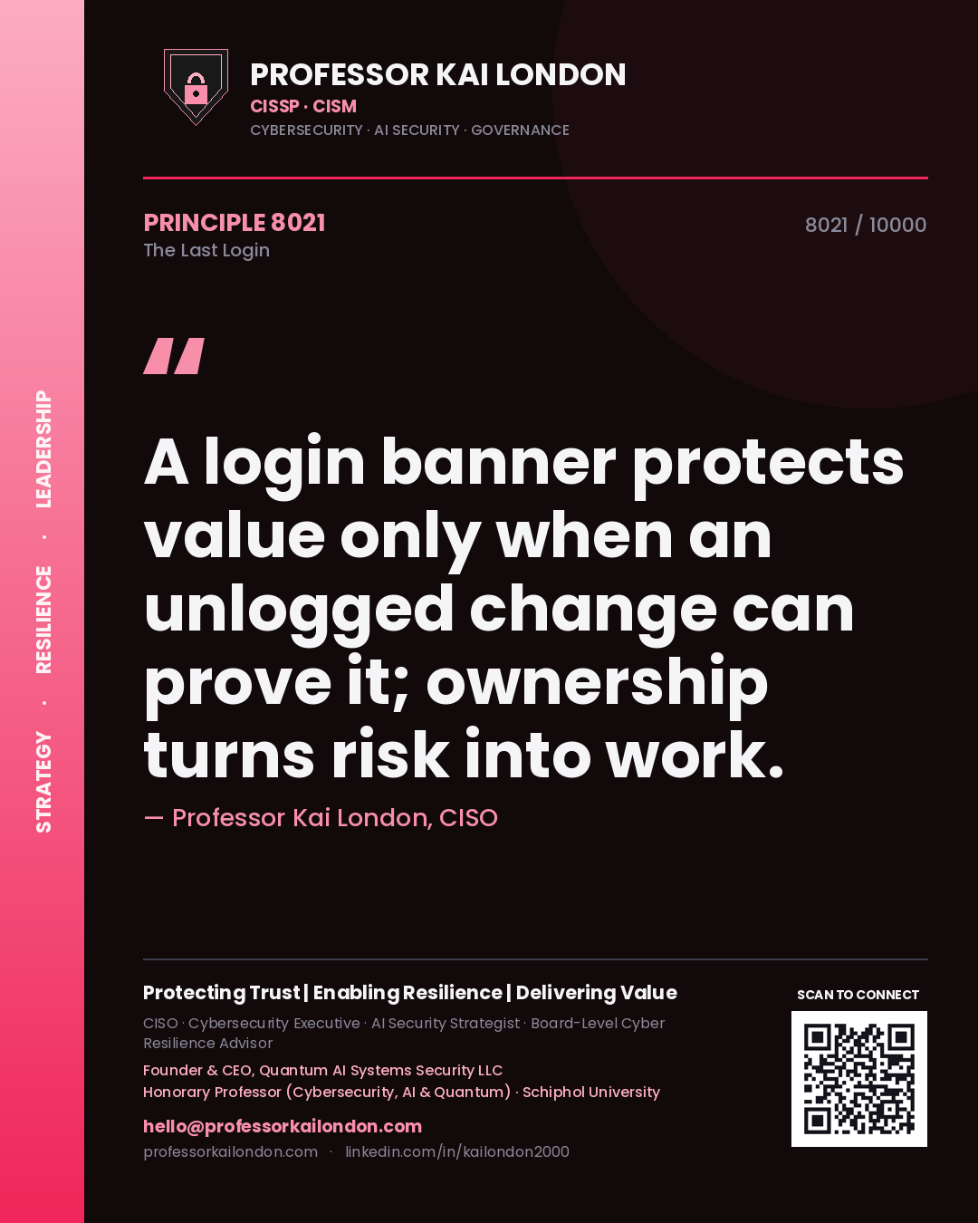 Professor Kai London principle 8021: A login banner protects value only when an unlogged change can prove it; ownership turns risk into work.