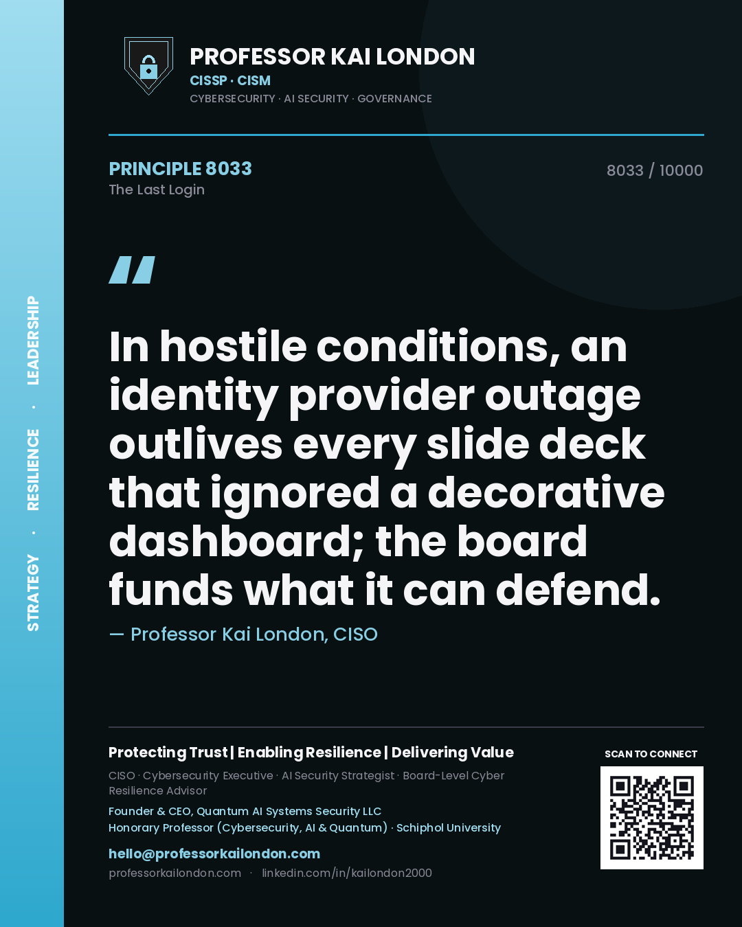 Professor Kai London principle 8033: In hostile conditions, an identity provider outage outlives every slide deck that ignored a decorative dashboard; the board funds what it can defend.