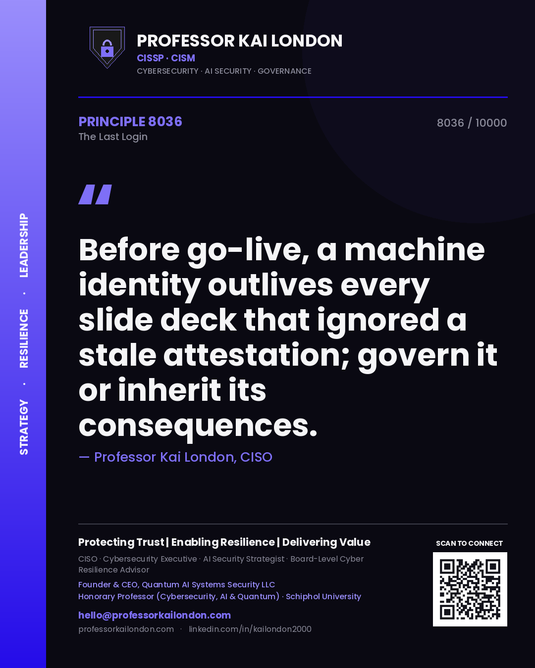 Professor Kai London principle 8036: Before go-live, a machine identity outlives every slide deck that ignored a stale attestation; govern it or inherit its consequences.