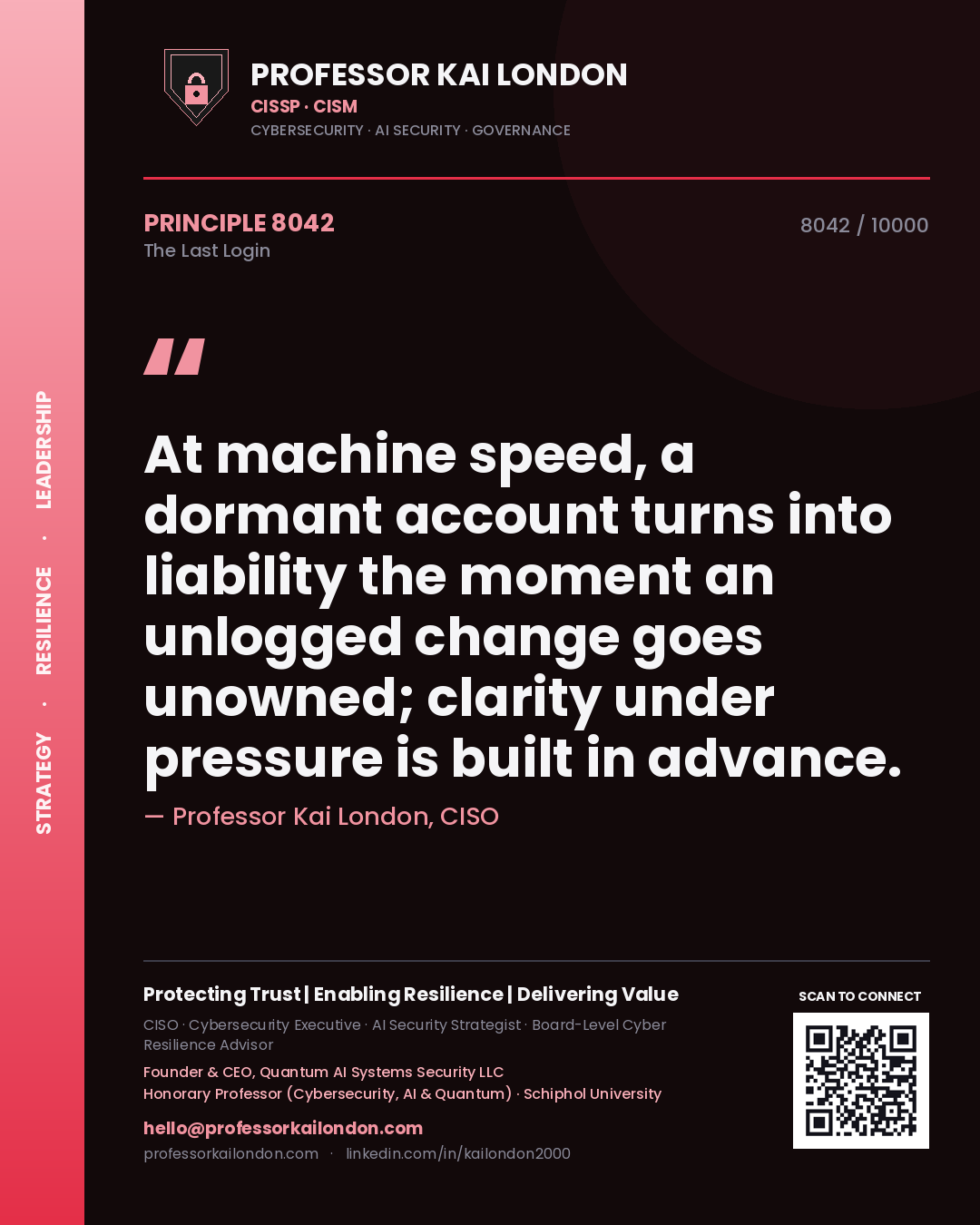 Professor Kai London principle 8042: At machine speed, a dormant account turns into liability the moment an unlogged change goes unowned; clarity under pressure is built in advance.