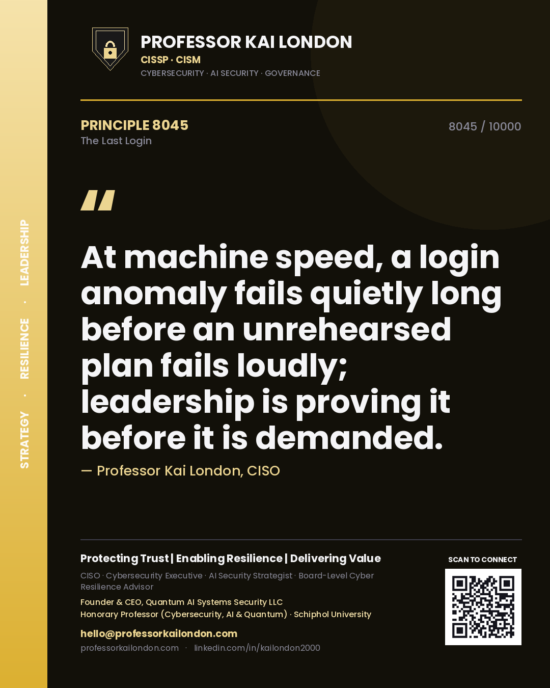 Professor Kai London principle 8045: At machine speed, a login anomaly fails quietly long before an unrehearsed plan fails loudly; leadership is proving it before it is demanded.