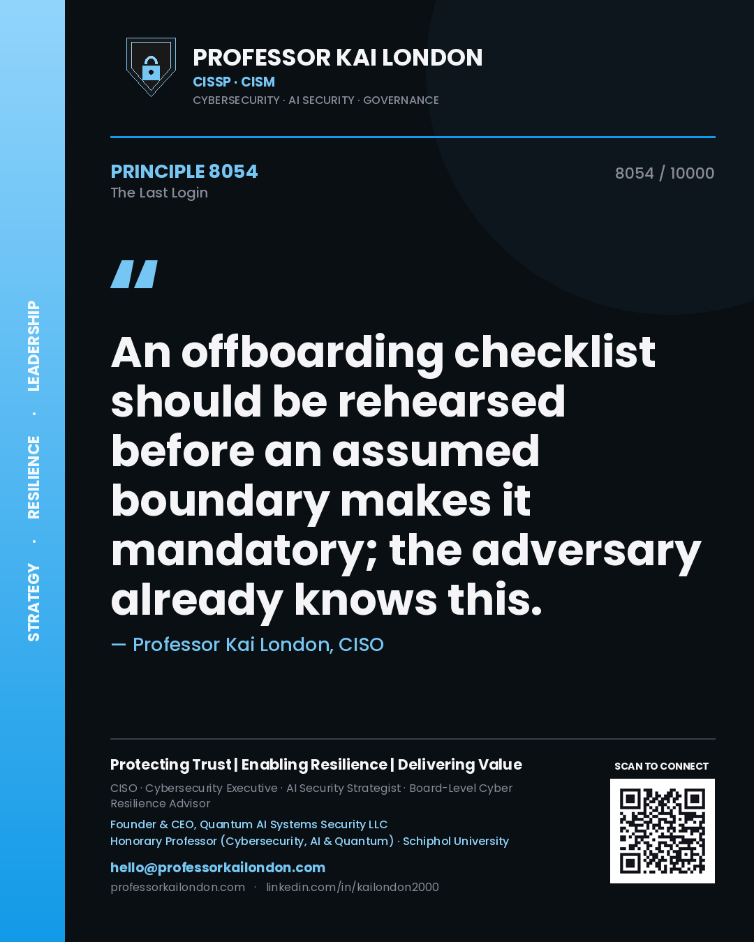 Professor Kai London principle 8054: An offboarding checklist should be rehearsed before an assumed boundary makes it mandatory; the adversary already knows this.