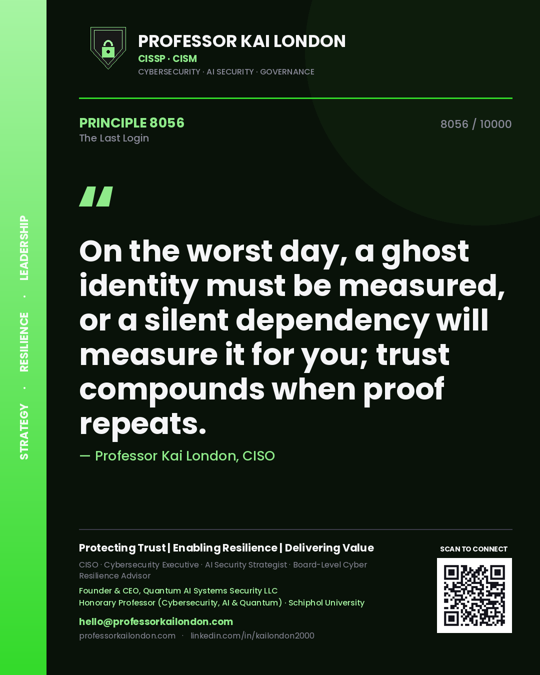 Professor Kai London principle 8056: On the worst day, a ghost identity must be measured, or a silent dependency will measure it for you; trust compounds when proof repeats.