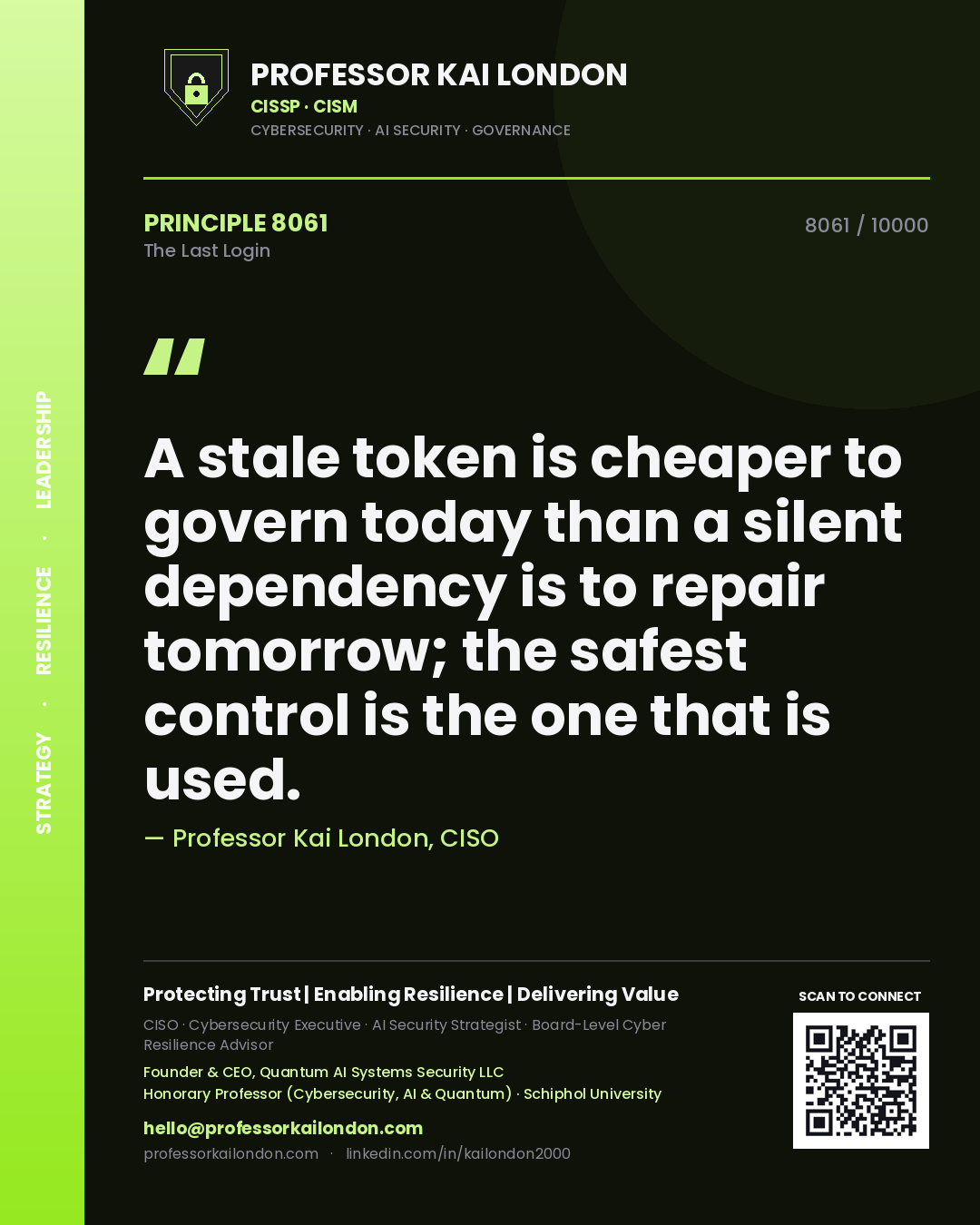 Professor Kai London principle 8061: A stale token is cheaper to govern today than a silent dependency is to repair tomorrow; the safest control is the one that is used.