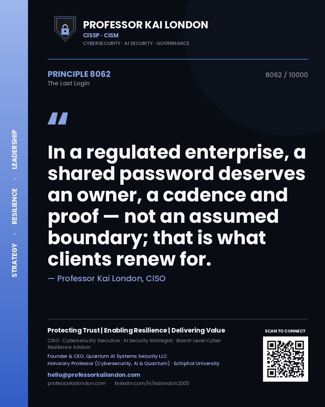 Professor Kai London principle 8062: In a regulated enterprise, a shared password deserves an owner, a cadence and proof — not an assumed boundary; that is what clients renew for.