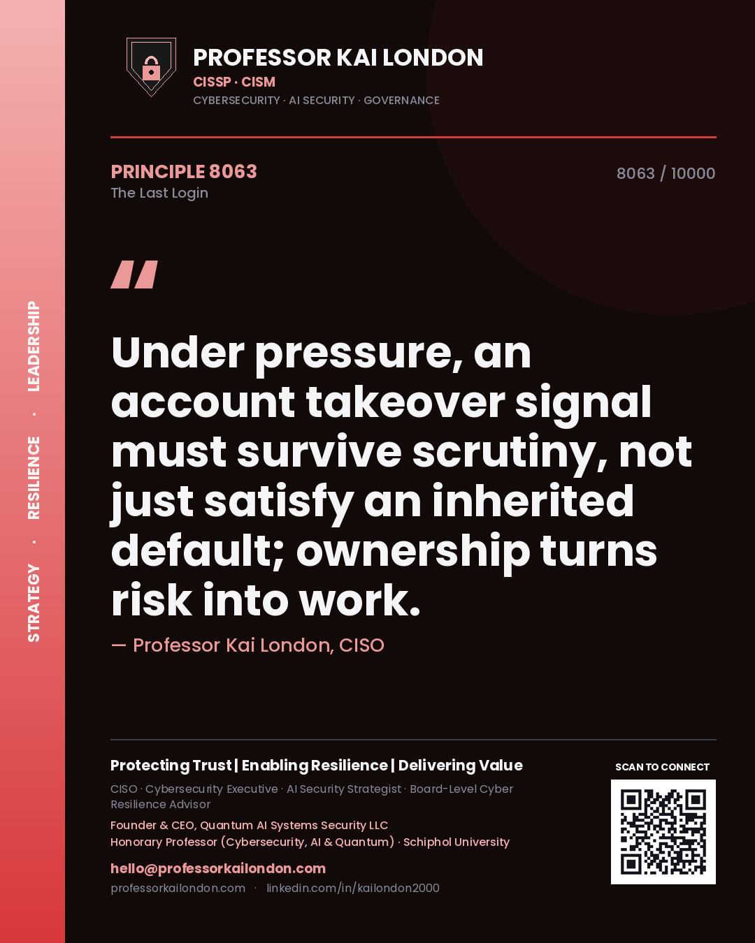 Professor Kai London principle 8063: Under pressure, an account takeover signal must survive scrutiny, not just satisfy an inherited default; ownership turns risk into work.