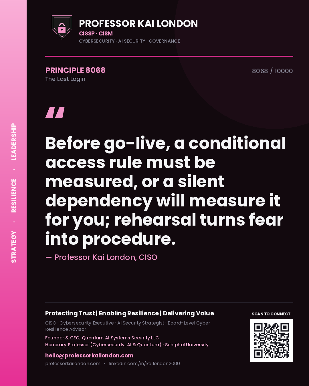 Professor Kai London principle 8068: Before go-live, a conditional access rule must be measured, or a silent dependency will measure it for you; rehearsal turns fear into procedure.