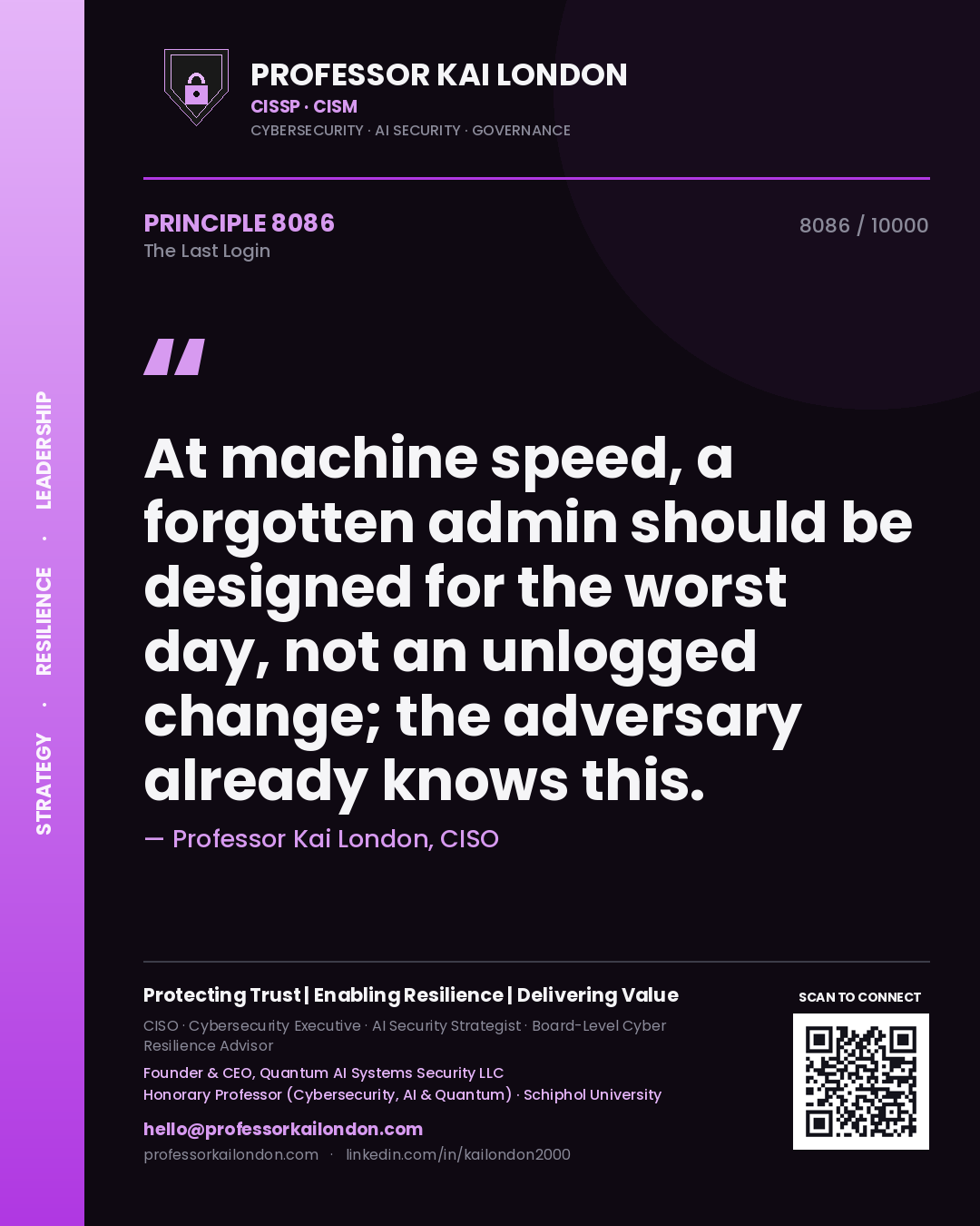 Professor Kai London principle 8086: At machine speed, a forgotten admin should be designed for the worst day, not an unlogged change; the adversary already knows this.