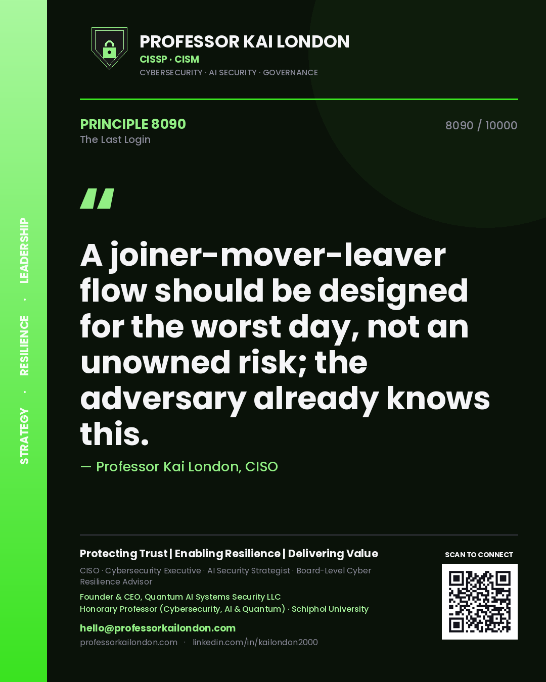 Professor Kai London principle 8090: A joiner-mover-leaver flow should be designed for the worst day, not an unowned risk; the adversary already knows this.