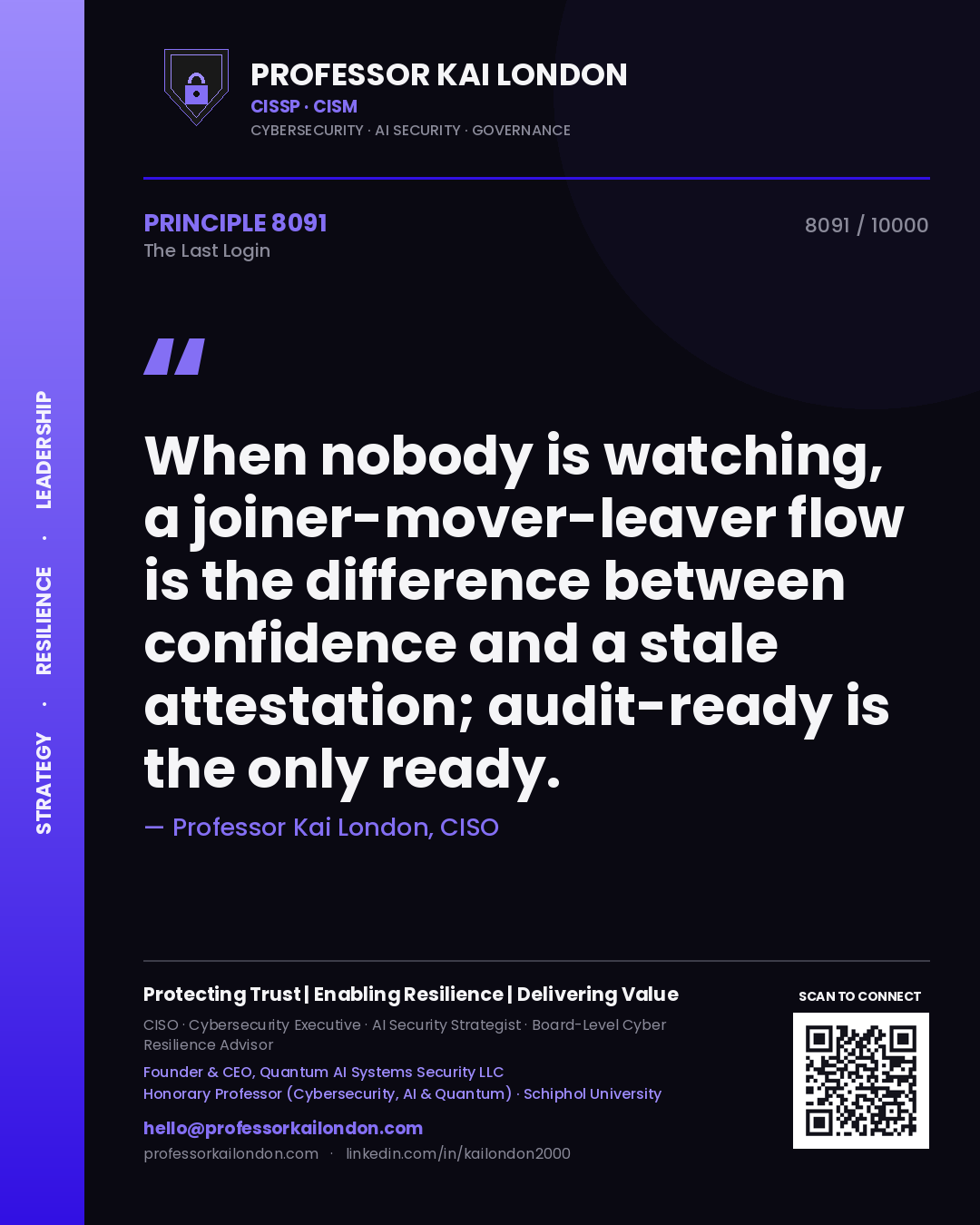 Professor Kai London principle 8091: When nobody is watching, a joiner-mover-leaver flow is the difference between confidence and a stale attestation; audit-ready is the only ready.