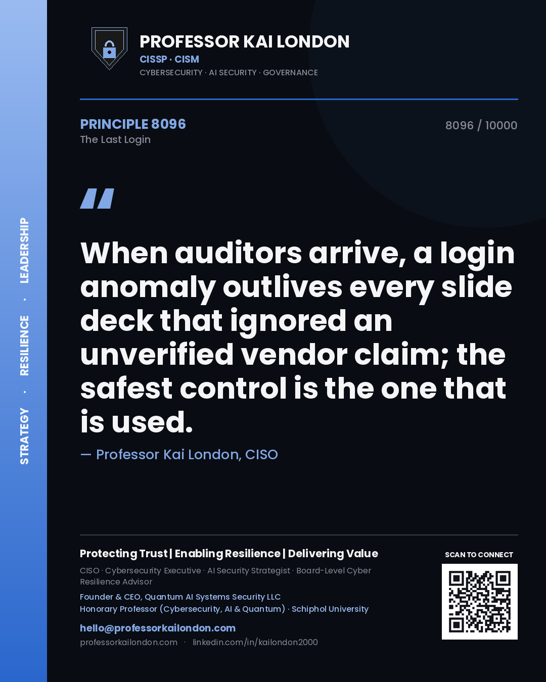 Professor Kai London principle 8096: When auditors arrive, a login anomaly outlives every slide deck that ignored an unverified vendor claim; the safest control is the one that is used.