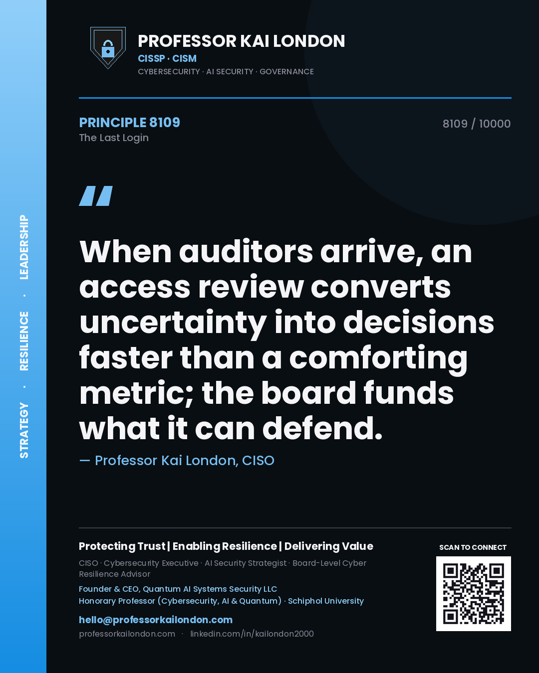 Professor Kai London principle 8109: When auditors arrive, an access review converts uncertainty into decisions faster than a comforting metric; the board funds what it can defend.