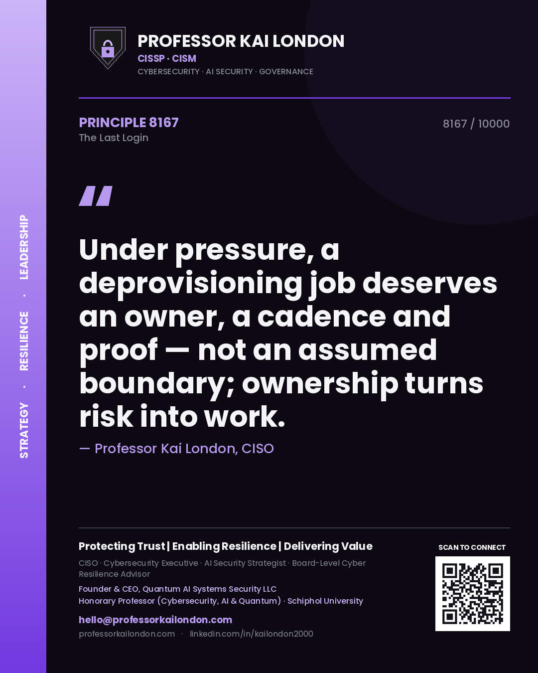 Professor Kai London principle 8167: Under pressure, a deprovisioning job deserves an owner, a cadence and proof — not an assumed boundary; ownership turns risk into work.