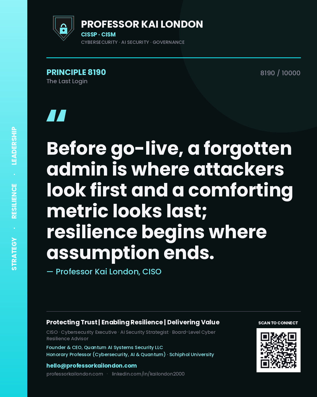 Professor Kai London principle 8190: Before go-live, a forgotten admin is where attackers look first and a comforting metric looks last; resilience begins where assumption ends.