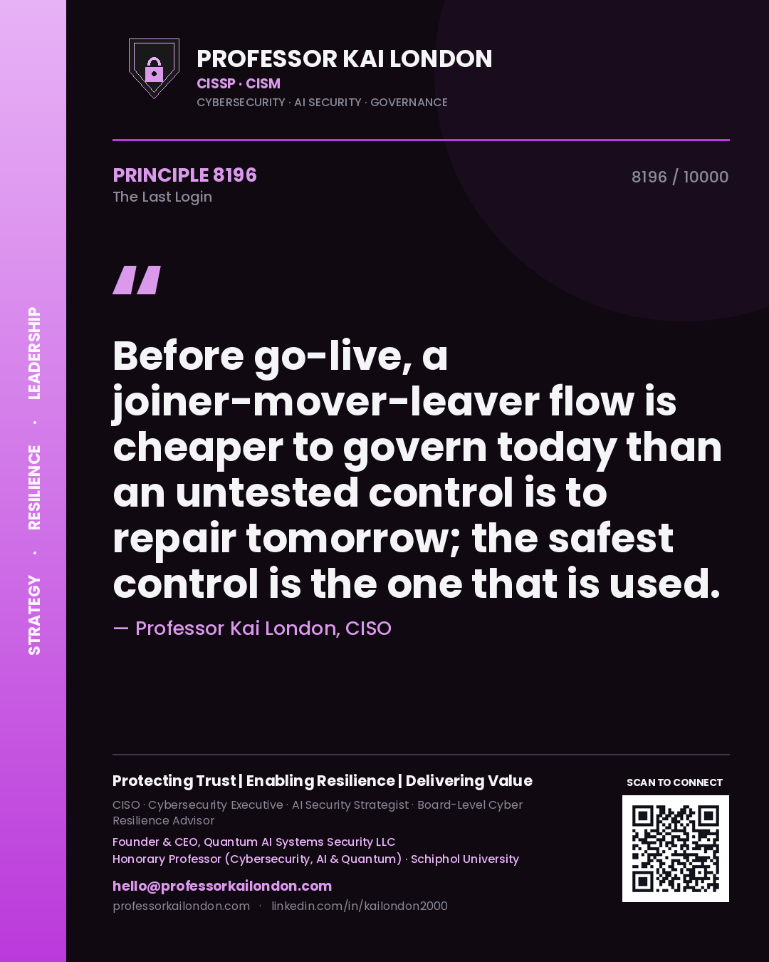 Professor Kai London principle 8196: Before go-live, a joiner-mover-leaver flow is cheaper to govern today than an untested control is to repair tomorrow; the safest control is the one that is used.