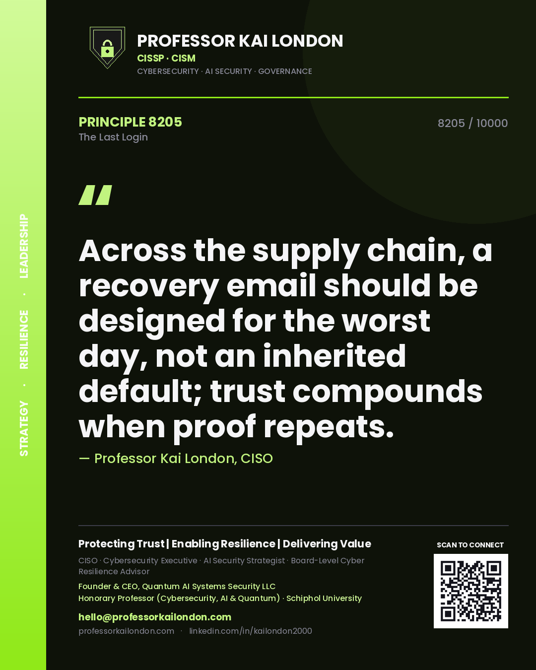 Professor Kai London principle 8205: Across the supply chain, a recovery email should be designed for the worst day, not an inherited default; trust compounds when proof repeats.