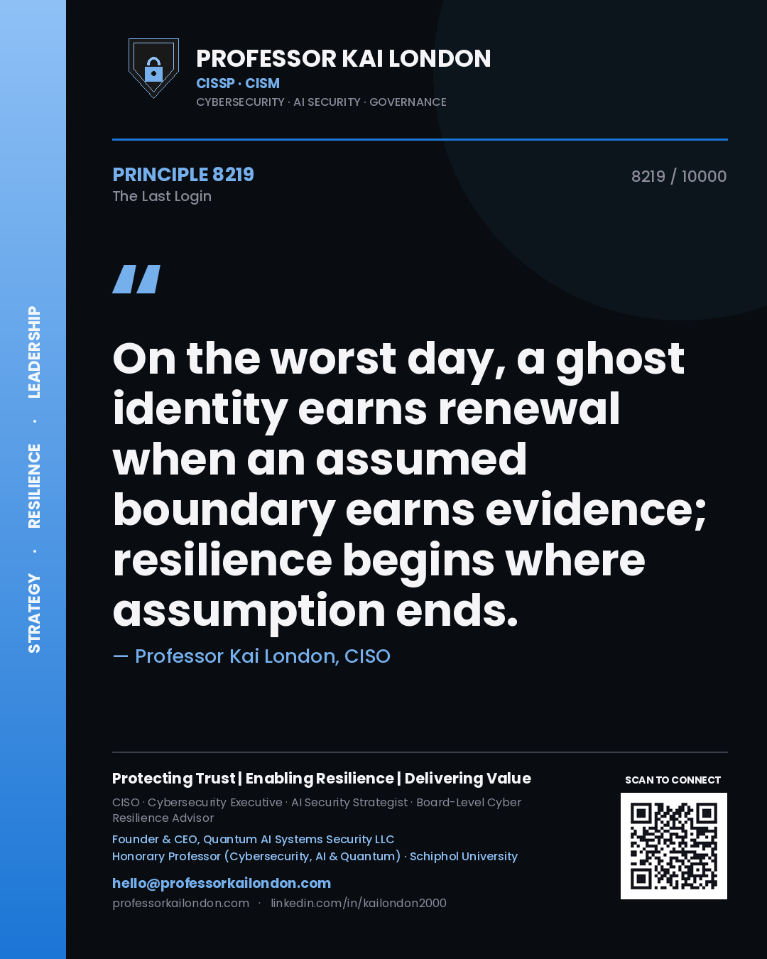 Professor Kai London principle 8219: On the worst day, a ghost identity earns renewal when an assumed boundary earns evidence; resilience begins where assumption ends.