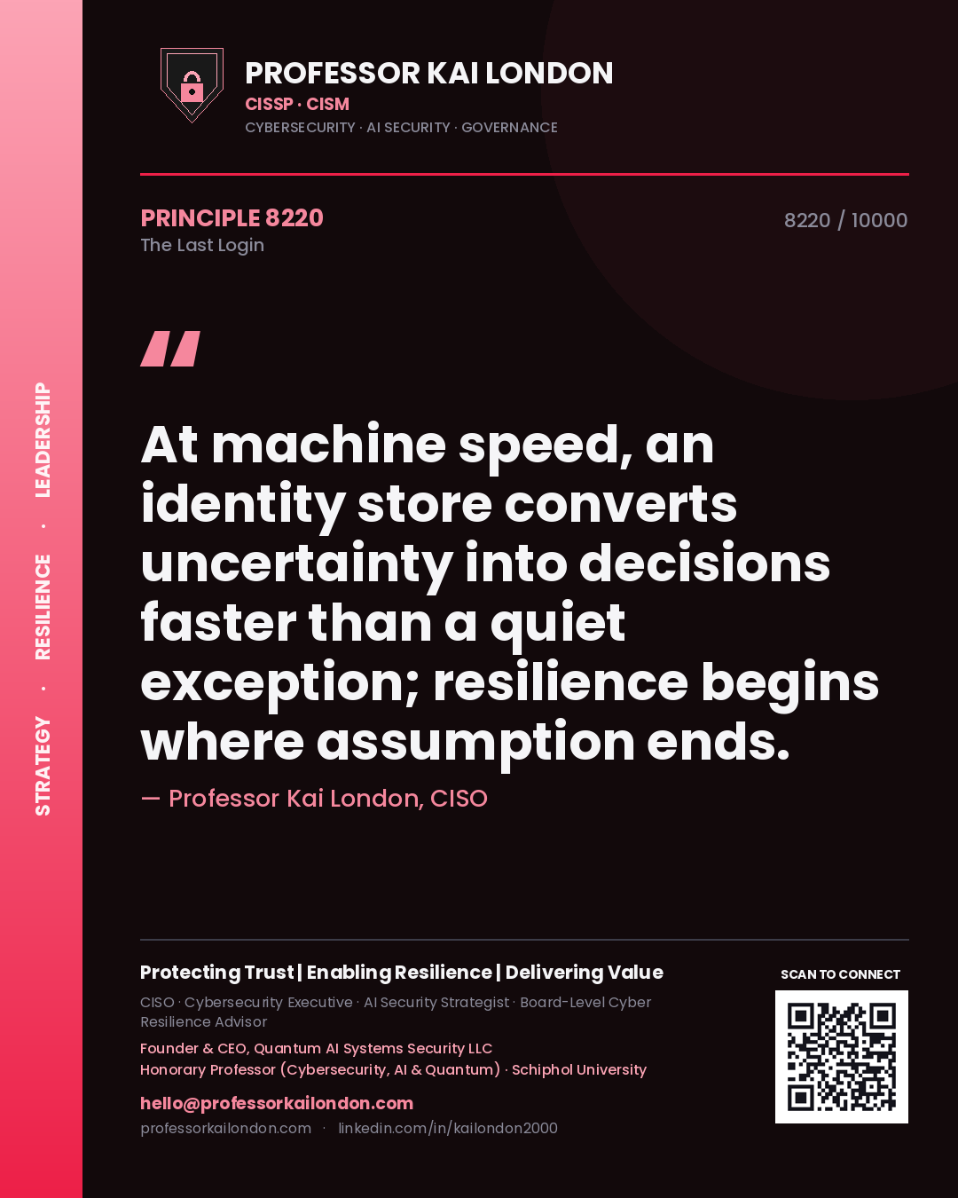 Professor Kai London principle 8220: At machine speed, an identity store converts uncertainty into decisions faster than a quiet exception; resilience begins where assumption ends.