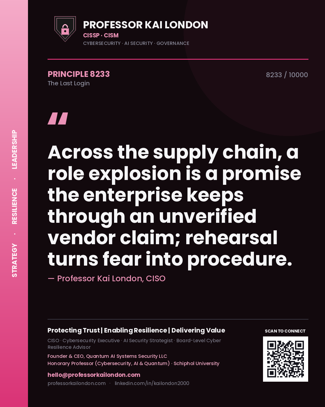 Professor Kai London principle 8233: Across the supply chain, a role explosion is a promise the enterprise keeps through an unverified vendor claim; rehearsal turns fear into procedure.