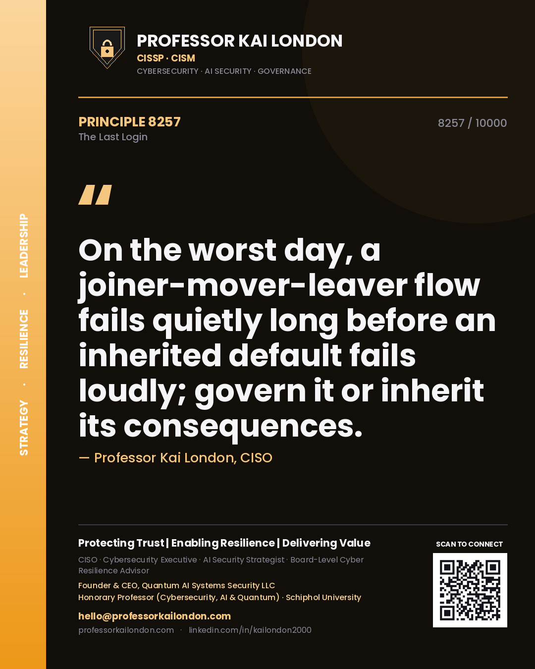 Professor Kai London principle 8257: On the worst day, a joiner-mover-leaver flow fails quietly long before an inherited default fails loudly; govern it or inherit its consequences.