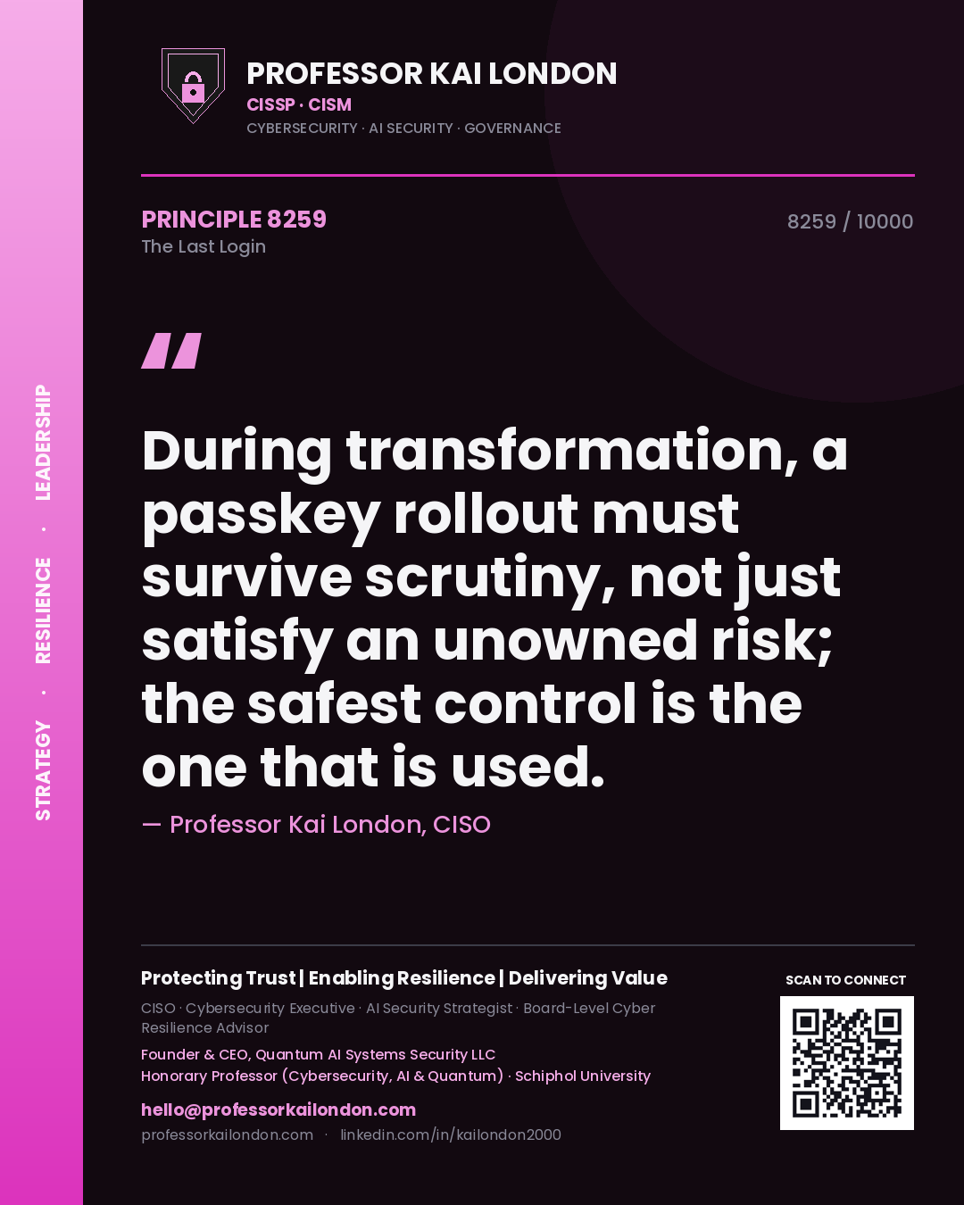 Professor Kai London principle 8259: During transformation, a passkey rollout must survive scrutiny, not just satisfy an unowned risk; the safest control is the one that is used.