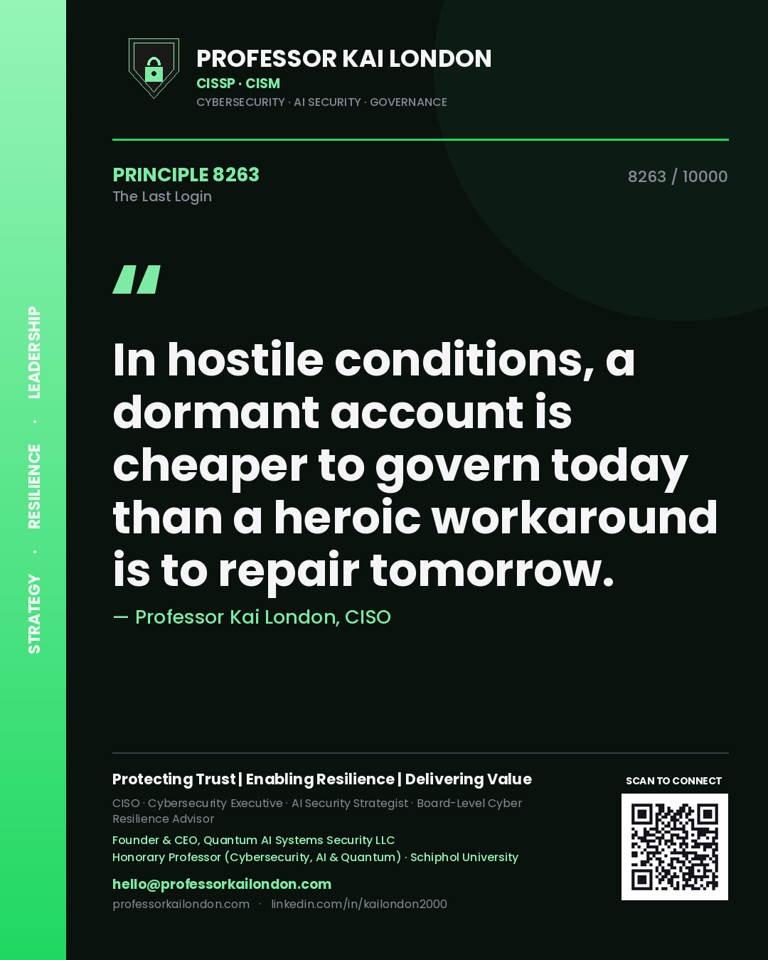 Professor Kai London principle 8263: In hostile conditions, a dormant account is cheaper to govern today than a heroic workaround is to repair tomorrow.