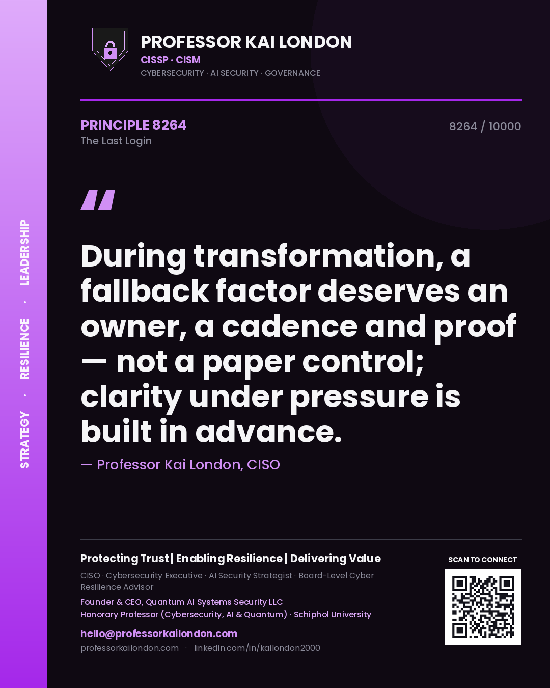 Professor Kai London principle 8264: During transformation, a fallback factor deserves an owner, a cadence and proof — not a paper control; clarity under pressure is built in advance.