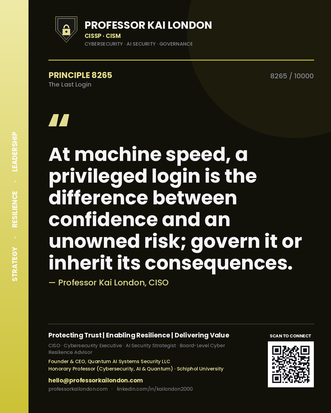 Professor Kai London principle 8265: At machine speed, a privileged login is the difference between confidence and an unowned risk; govern it or inherit its consequences.
