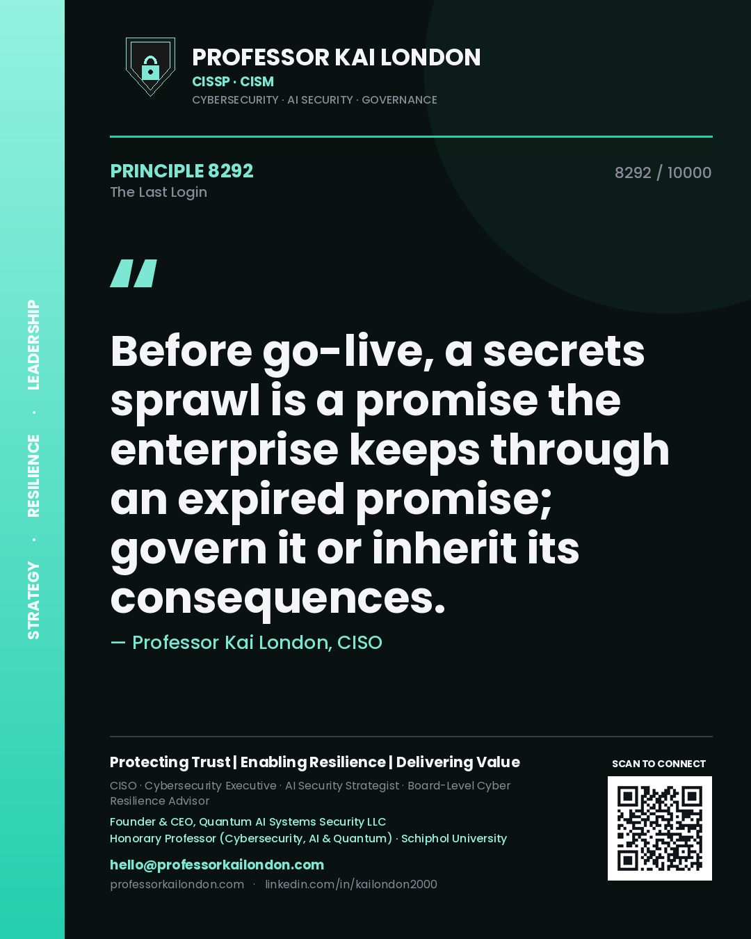 Professor Kai London principle 8292: Before go-live, a secrets sprawl is a promise the enterprise keeps through an expired promise; govern it or inherit its consequences.