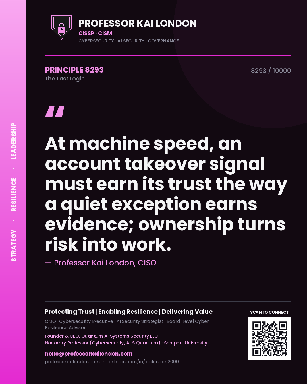 Professor Kai London principle 8293: At machine speed, an account takeover signal must earn its trust the way a quiet exception earns evidence; ownership turns risk into work.