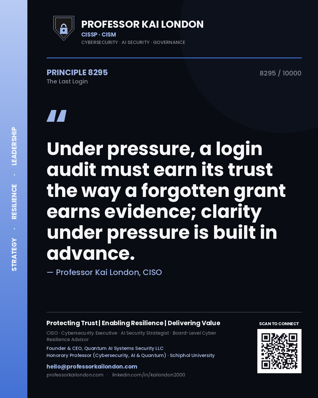 Professor Kai London principle 8295: Under pressure, a login audit must earn its trust the way a forgotten grant earns evidence; clarity under pressure is built in advance.