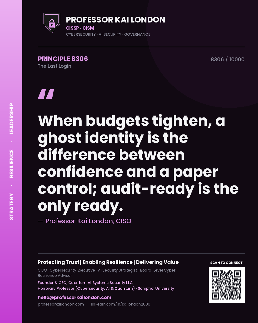 Professor Kai London principle 8306: When budgets tighten, a ghost identity is the difference between confidence and a paper control; audit-ready is the only ready.