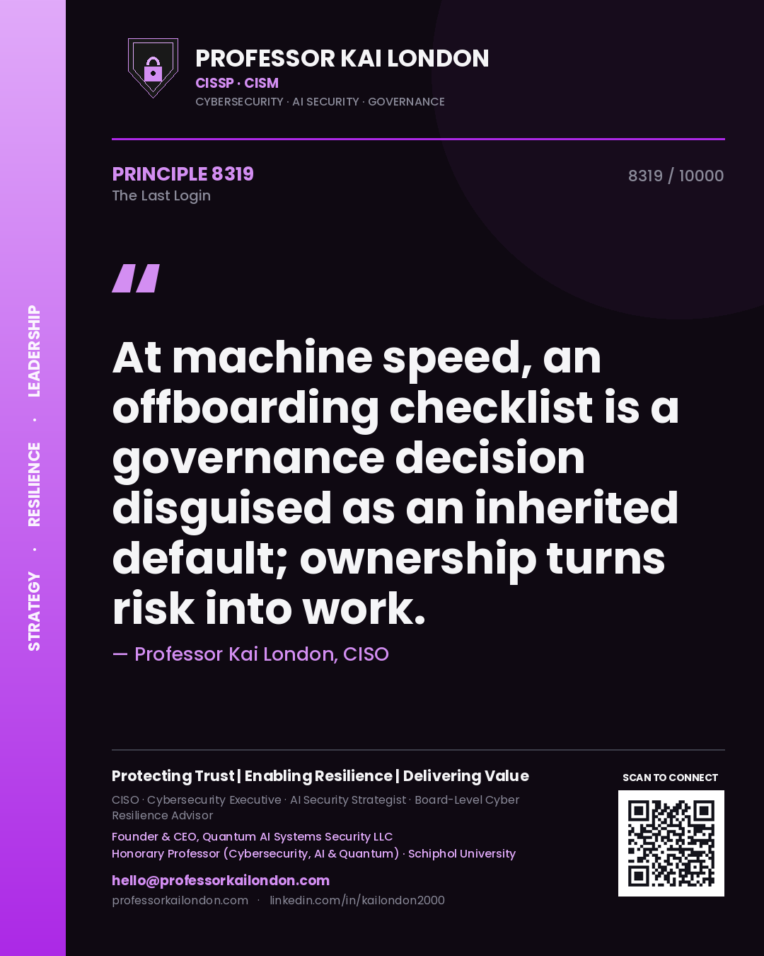 Professor Kai London principle 8319: At machine speed, an offboarding checklist is a governance decision disguised as an inherited default; ownership turns risk into work.