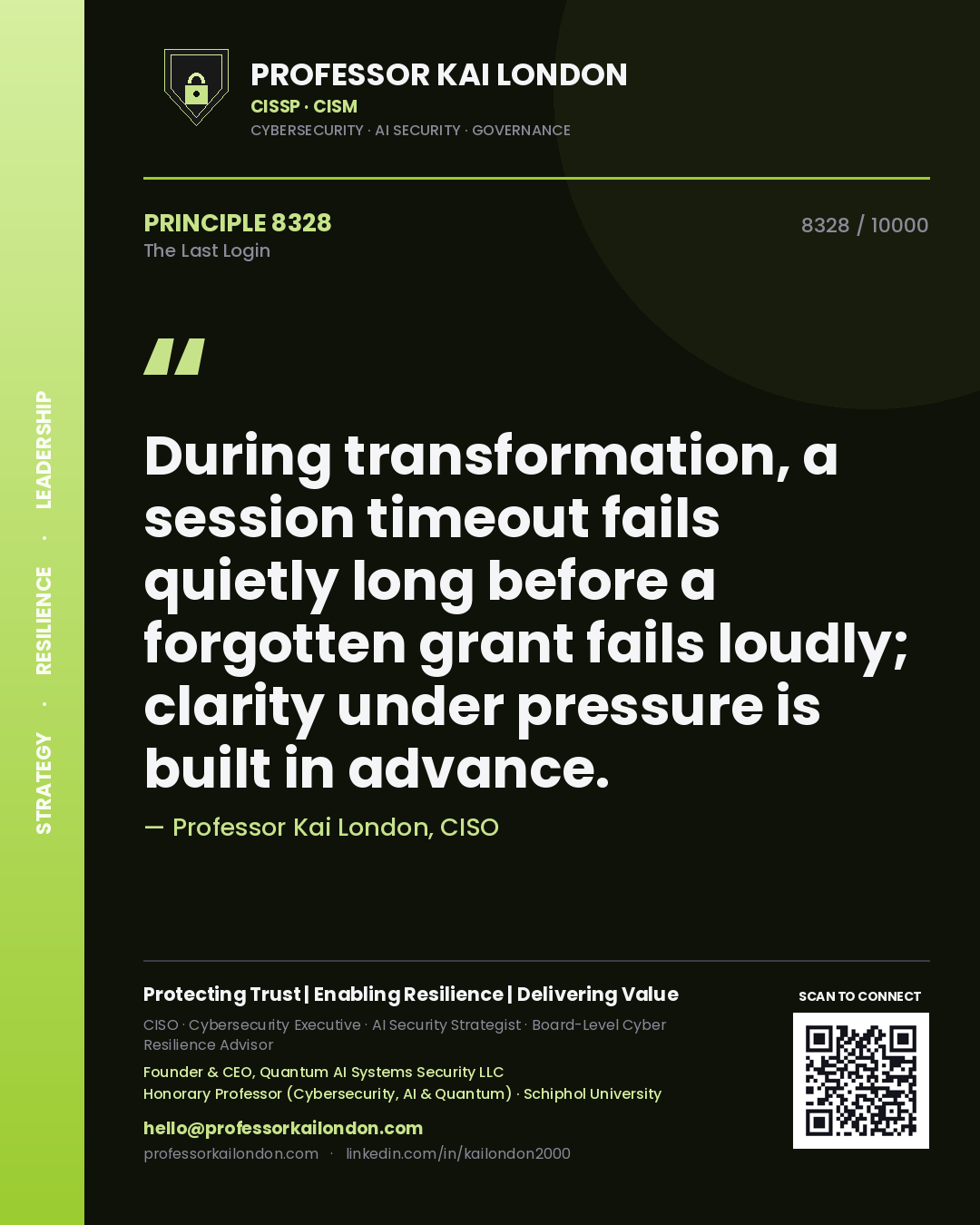 Professor Kai London principle 8328: During transformation, a session timeout fails quietly long before a forgotten grant fails loudly; clarity under pressure is built in advance.