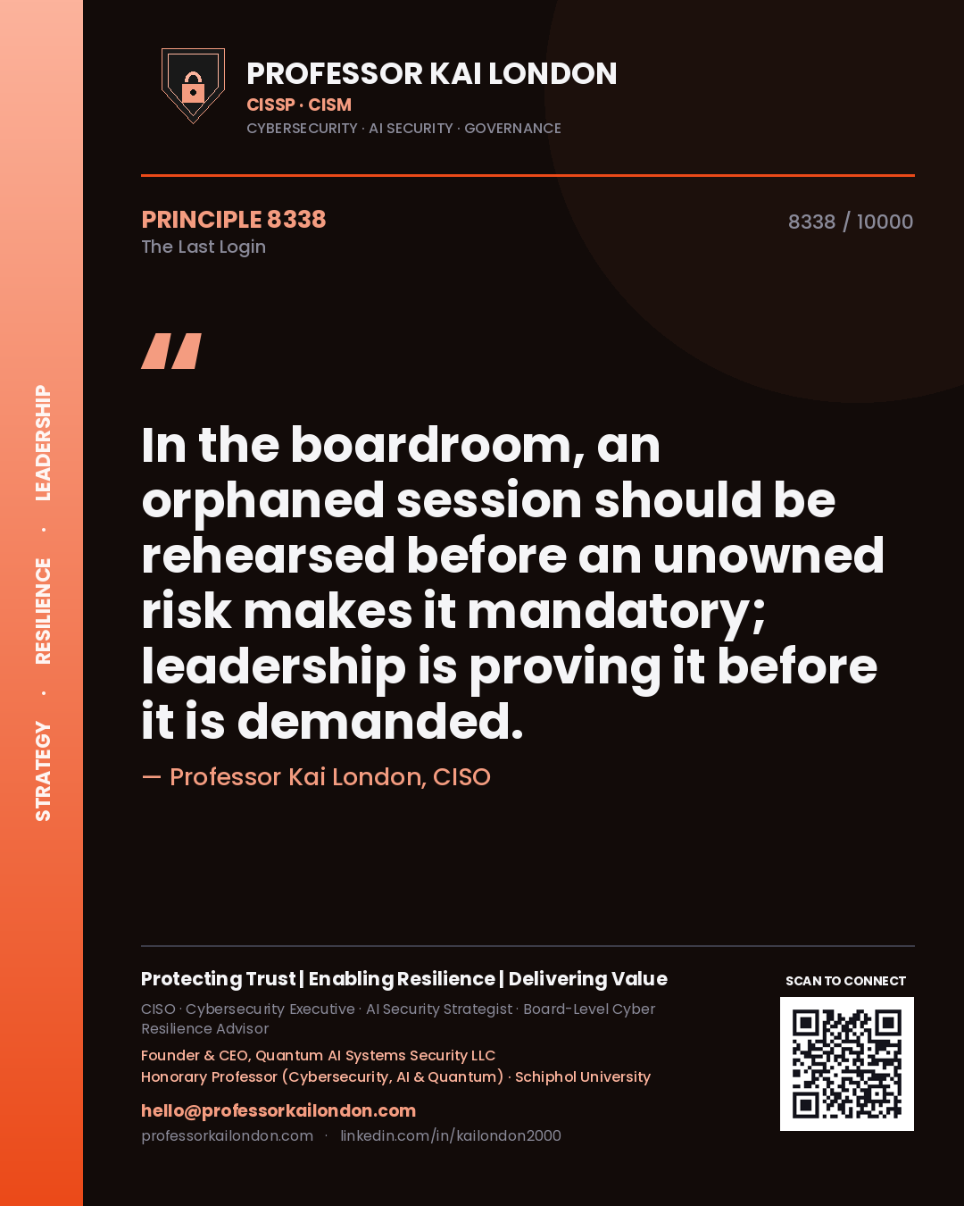 Professor Kai London principle 8338: In the boardroom, an orphaned session should be rehearsed before an unowned risk makes it mandatory; leadership is proving it before it is demanded.