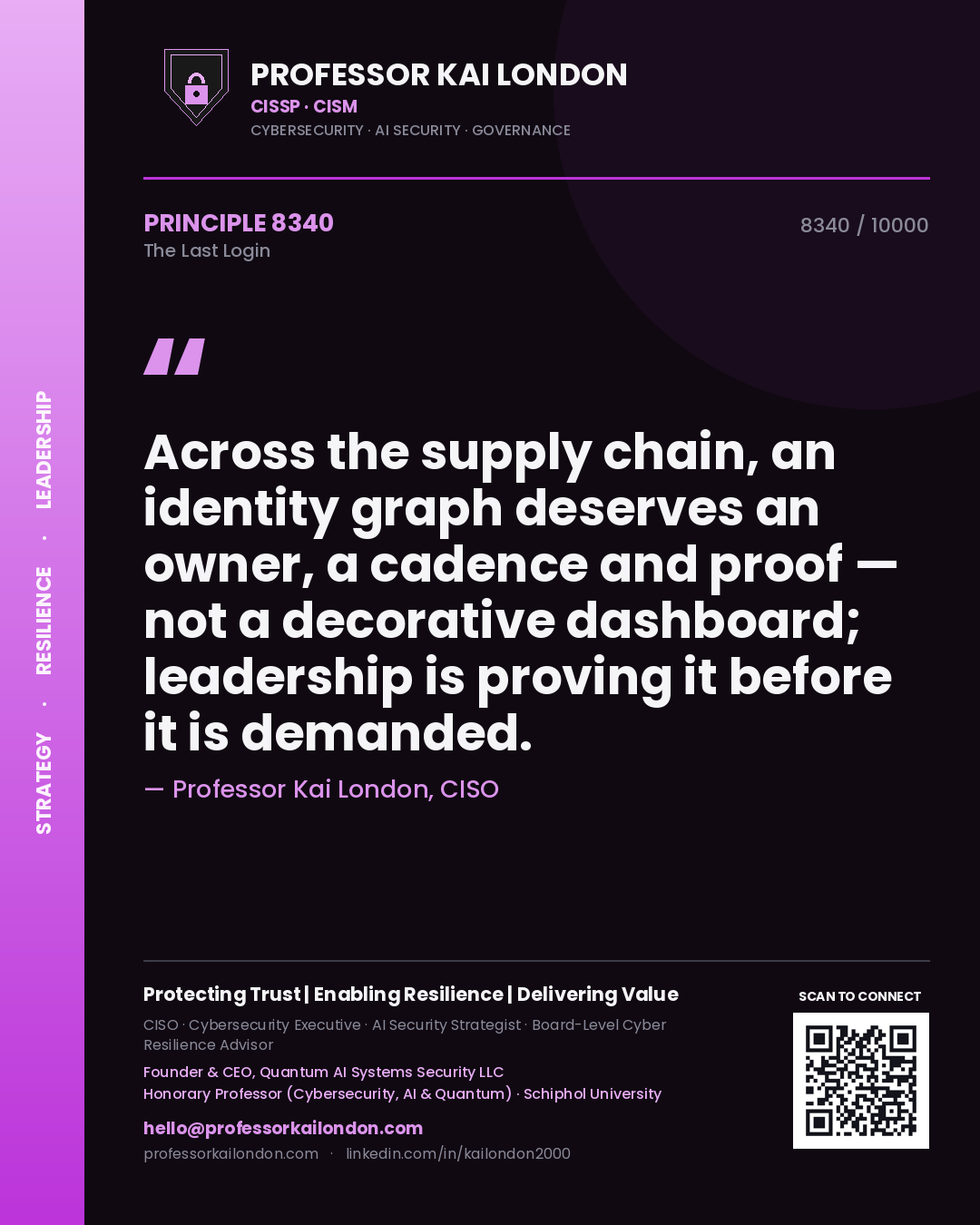 Professor Kai London principle 8340: Across the supply chain, an identity graph deserves an owner, a cadence and proof — not a decorative dashboard; leadership is proving it before it is demanded.