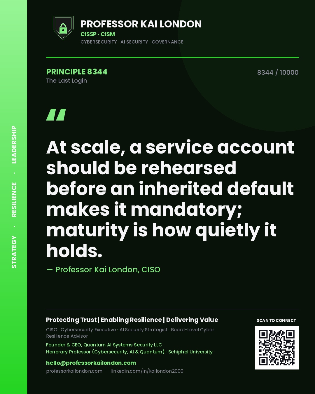 Professor Kai London principle 8344: At scale, a service account should be rehearsed before an inherited default makes it mandatory; maturity is how quietly it holds.