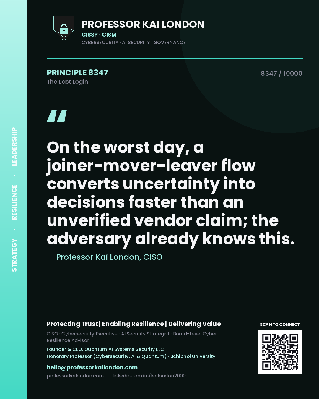 Professor Kai London principle 8347: On the worst day, a joiner-mover-leaver flow converts uncertainty into decisions faster than an unverified vendor claim; the adversary already knows this.