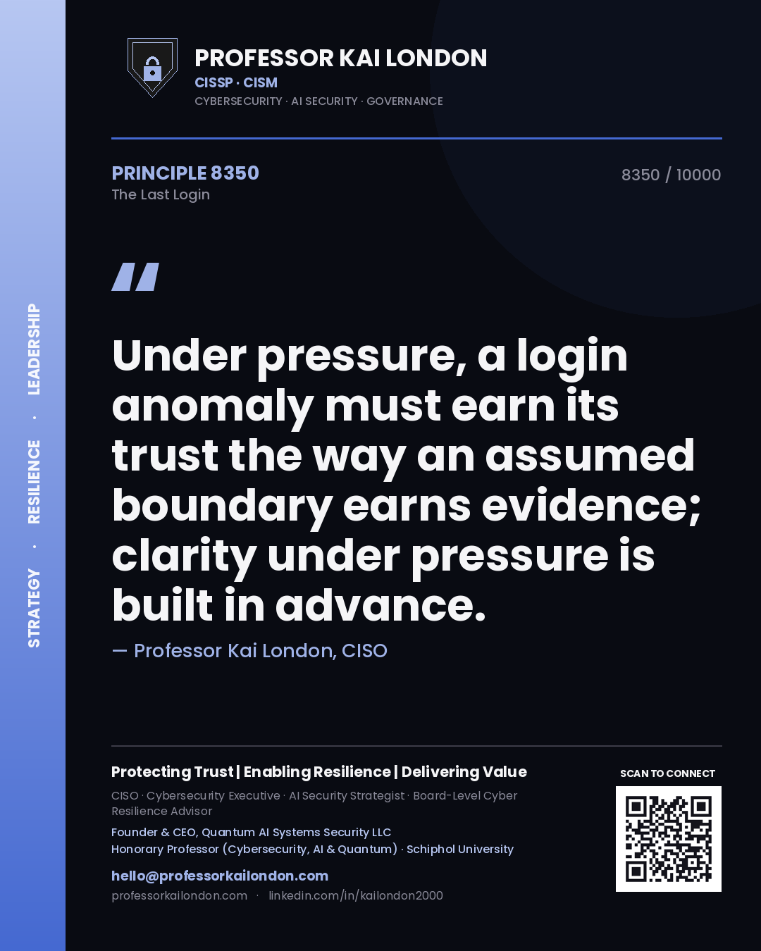 Professor Kai London principle 8350: Under pressure, a login anomaly must earn its trust the way an assumed boundary earns evidence; clarity under pressure is built in advance.