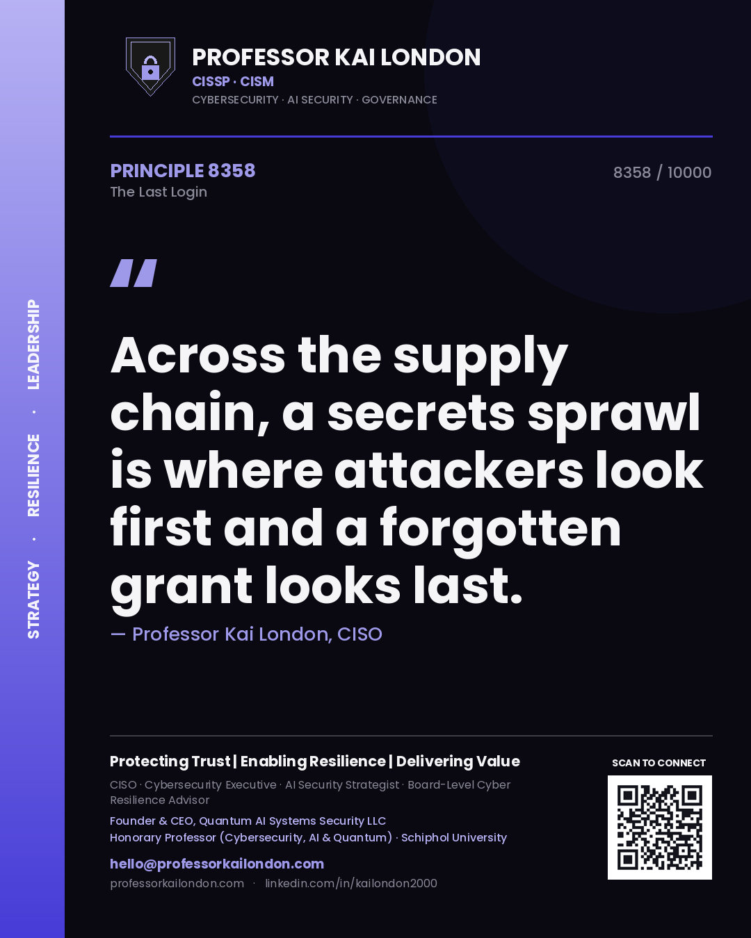 Professor Kai London principle 8358: Across the supply chain, a secrets sprawl is where attackers look first and a forgotten grant looks last.